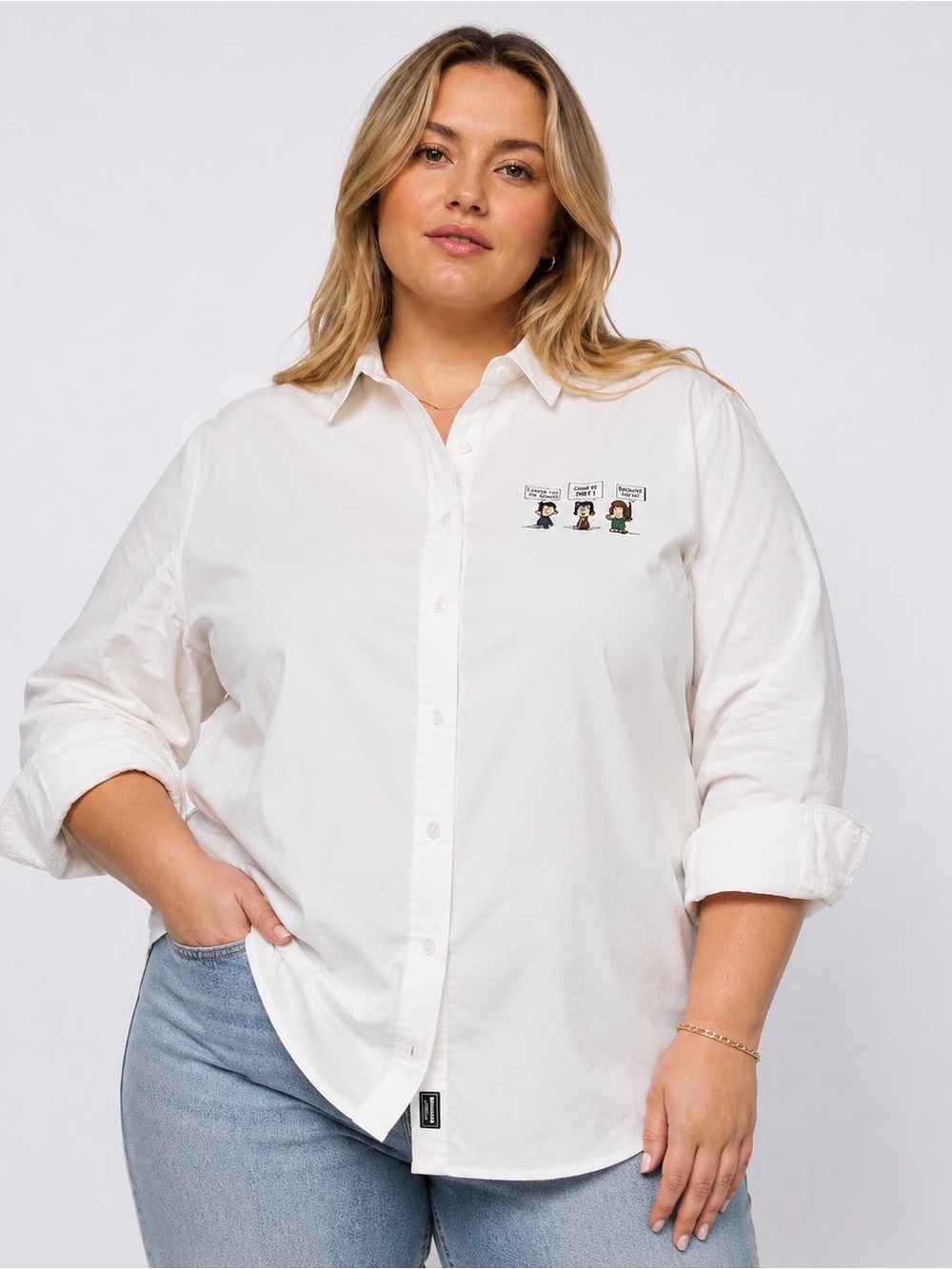 Wildfang x Peanuts Long Sleeve Oxford Button-Up Shirt, Creamy White, 1X